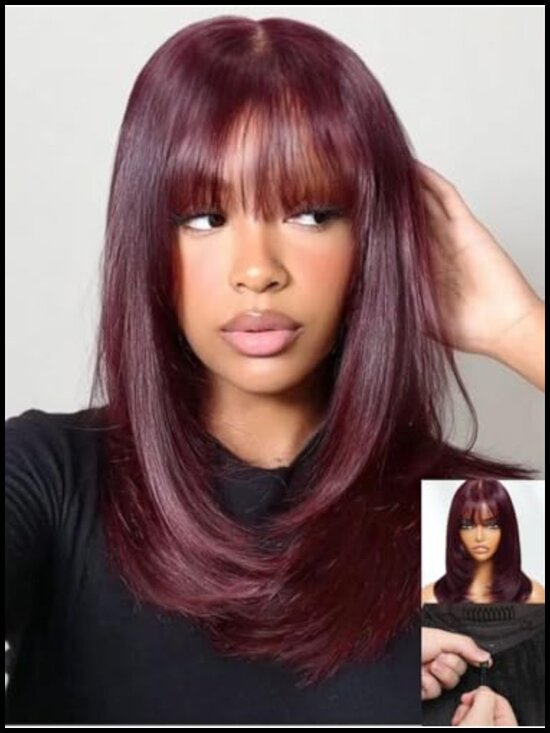 Short Bob Layered Straight Human Hair Wig with Bangs, Pre-Plucked, Glueless, main image 5
